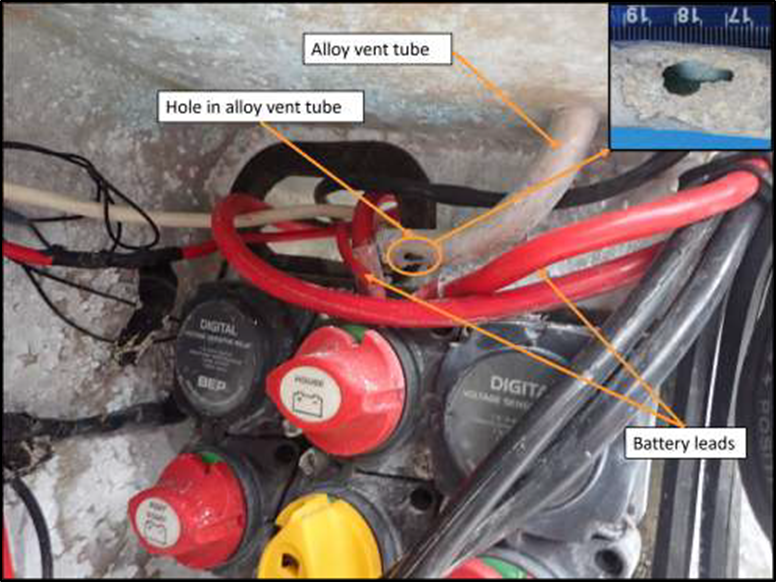 Hole in alloy vent tube (batteries removed for access after accident