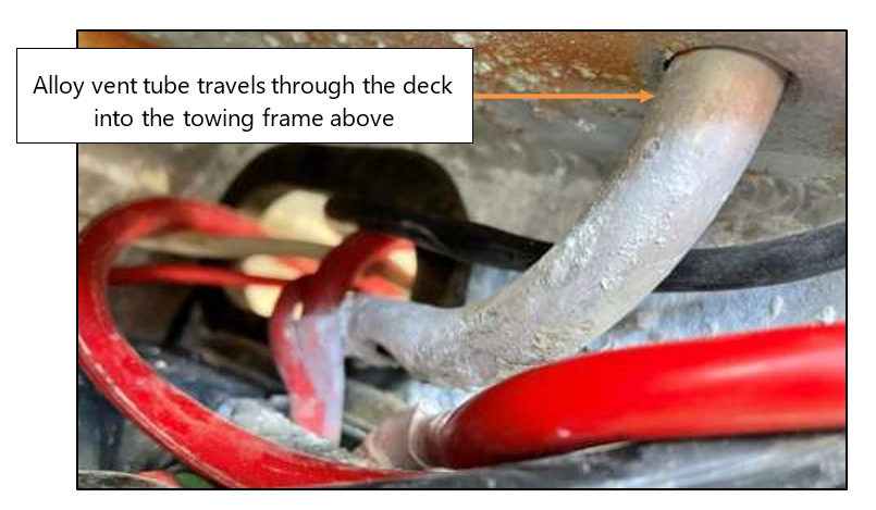Alloy vent tube joining towing frame (Photo taken during initial TAIC inspection after accident, with batteries in place)