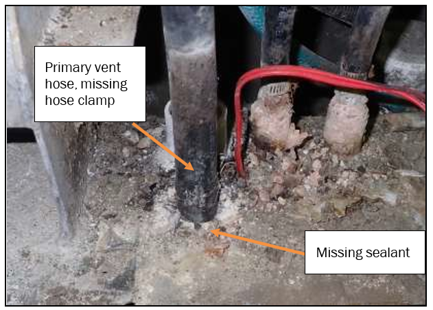 Primary vent hose connection to fuel tank (underneath the deck plate)