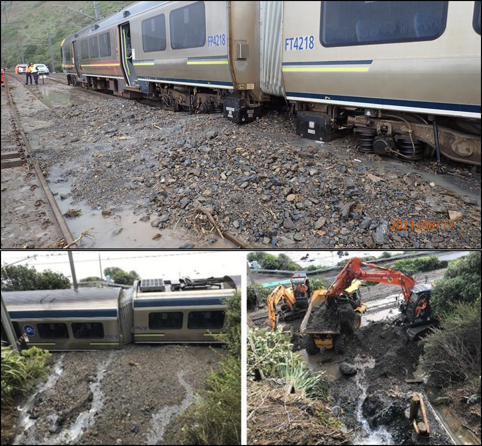 Rear portion of train with debris across the up and down main lines