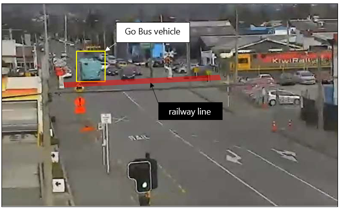 CCTV view of locomotive DXB 5137 approaching Selwyn Street level crossing as Route 60 Go Bus vehicle exits the crossing