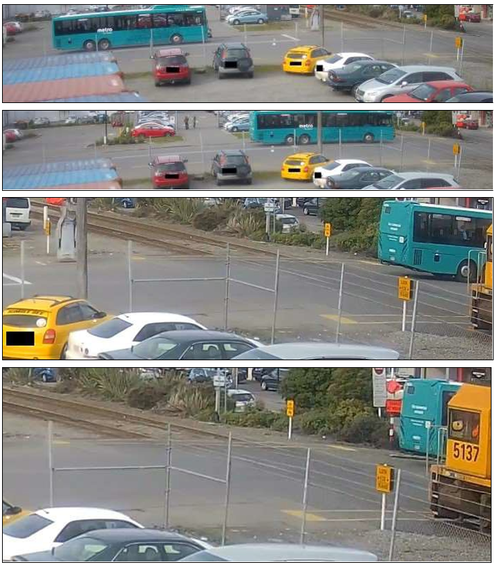 Sequence of images of the bus approaching, crossing and clearing Selwyn Street level crossing