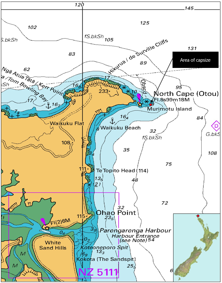 Map showing the area of capsize as calculated by the Commission