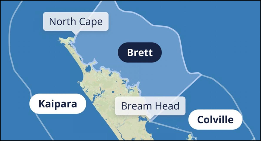 Map showing MetService forecast sea areas