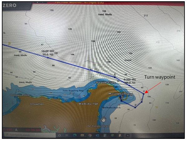 Screenshot from a chart plotter, representing the skipper’s intended route around Murimotu Island (taken from another company-owned vessel)
