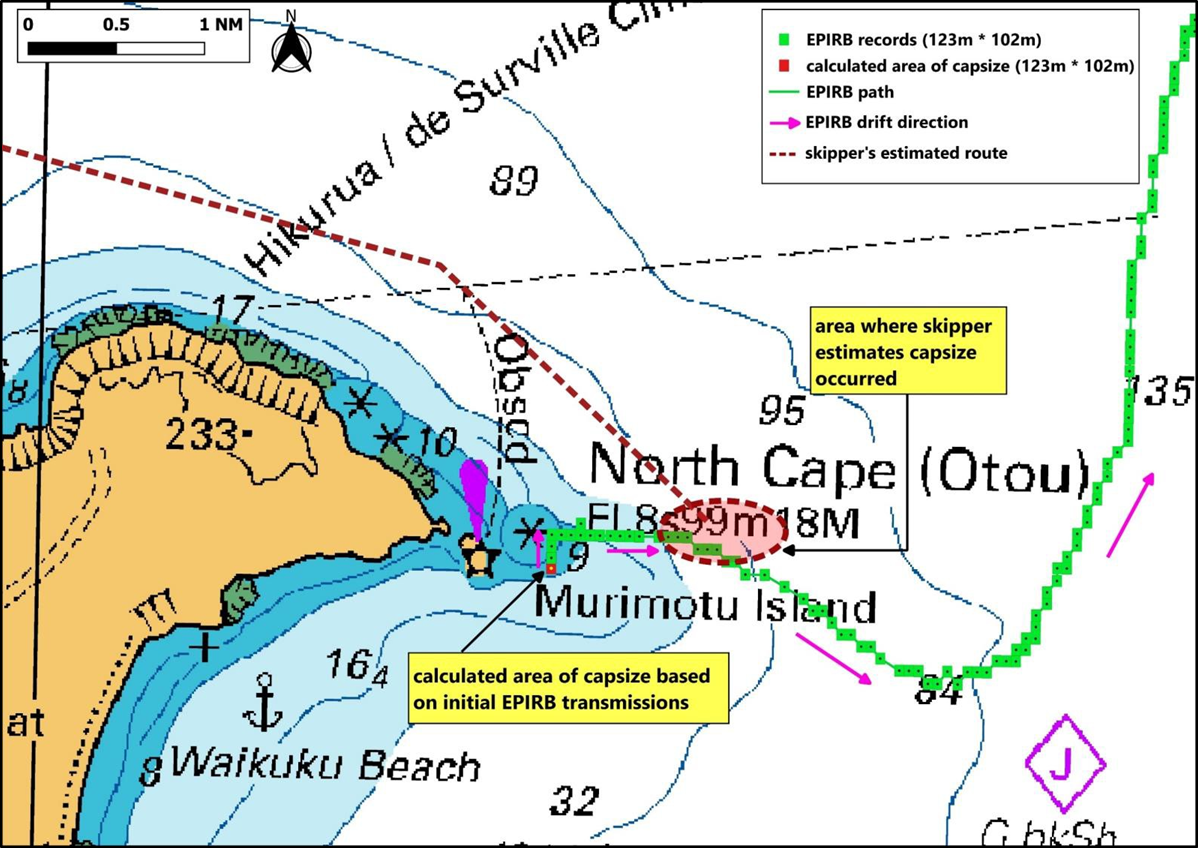 Part of Chart NZ51 showing the track of the EPIRB encoded GNSS positions (green rectangles, representing location area of certainty) and Enchanter's track as estimated by the skipper (red)