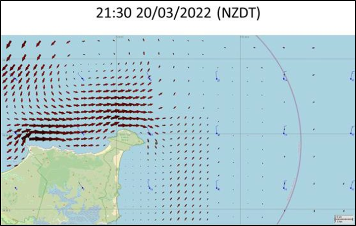 Combined tide and current drift modelling for 20 minutes before the accident (top) and 100 minutes after (bottom), conducted by the RCC during the SAR operation