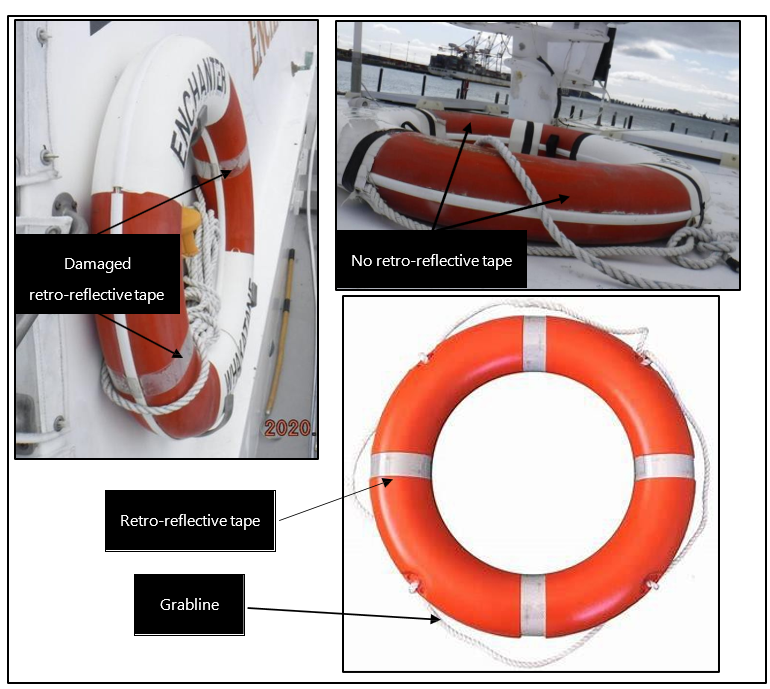 The Enchanter’s lifebuoys (top left and right) and a typical compliant lifebuoy (bottom right)