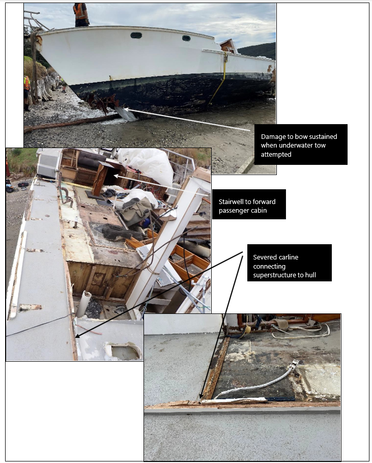 The Enchanter showing damage to bow sustained during salvage (top); overview of what had been the main saloon (middle); and detail of failed connection between the hull and superstructure (bottom).