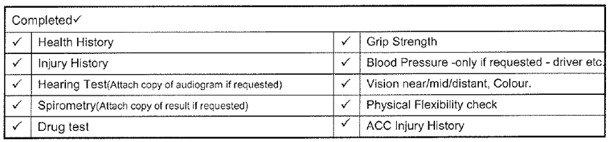 Checklist for pre-employment health assessment