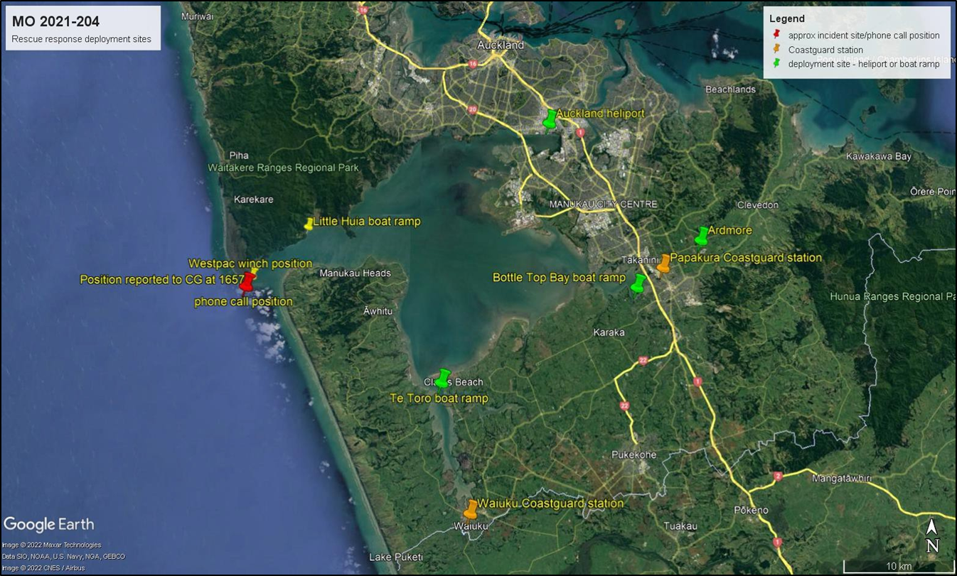 Rescue responder deployment sites around the Manukau Harbour