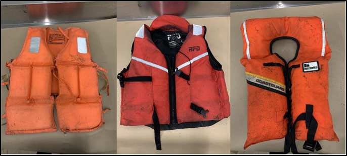 PFDs recovered from the water during the search and rescue