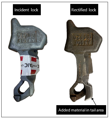 Incident lock and lock modified to correct lacking material in tail area