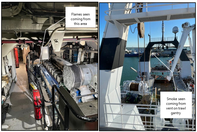 Photographs showing view of main engine from the top of the stairs (left) and skipper’s view from bridge looking aft (right)