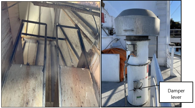 Photographs showing sliding dampers that when released drop down in their guides to seal off the opening (left) and No. 2 extraction fan with the lever for opening and closing the butterfly damper on the trunking (right)