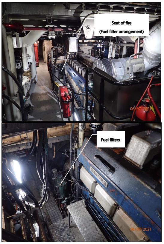 Photographs of engine room looking forward from the entry stairs (top) and of low-pressure fuel filter arrangement (bottom)