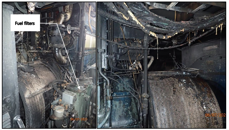 Photographs of general heat and smoke damage around the seat of the fire (left) and heat damage to electrical cables and fittings (right)