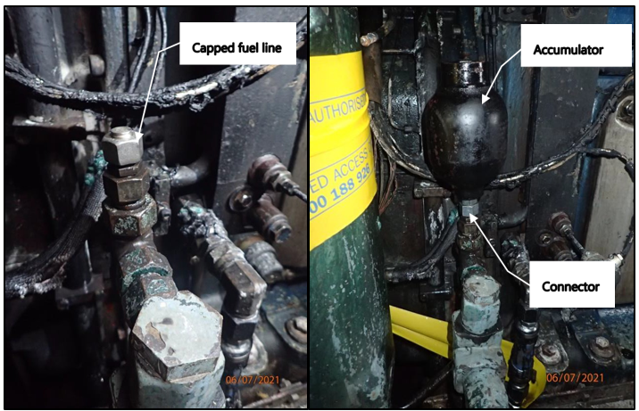 Photographs of capped fuel pipe where the accumulator had been located (left) and accumulator refitted in its normal location (right)
