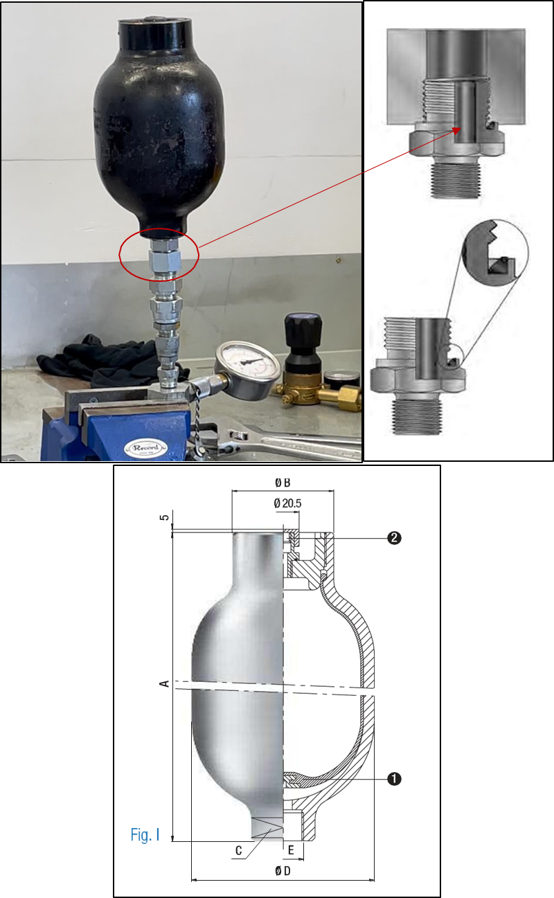 Photograph of accumulator with its connector on test bed (top left), detail of the type of&nbsp;seal&nbsp;between&nbsp;the&nbsp;connector&nbsp;and&nbsp;the&nbsp;accumulator&nbsp;(top&nbsp;right)&nbsp;and&nbsp;cross-section&nbsp;of&nbsp;accumulator (bottom)