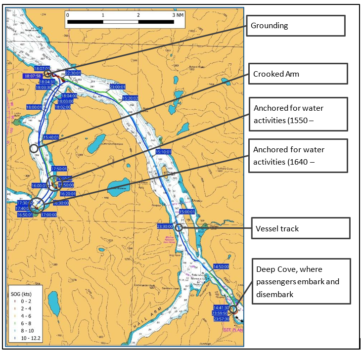 Map of the accident voyage of Fiordland Navigator