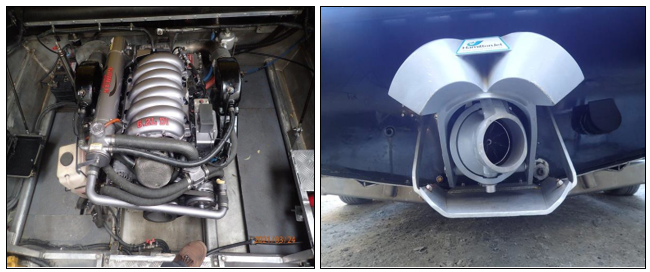 Left – single 6.2 litre DI V8 Kodiac (Chevrolet) engine. Right – Hamilton Jet type 212 jet unit