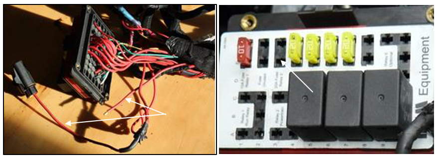 Left – wiring loom at the rear of the fuse box from KJet 8 showing the two wires that had been attached to the failed fuse. Right – fuse box where the failed fuse had been located