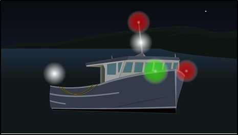 Graphics showing navigation lights required for a fishing vessel of similar size and purpose as the F.V. Commission