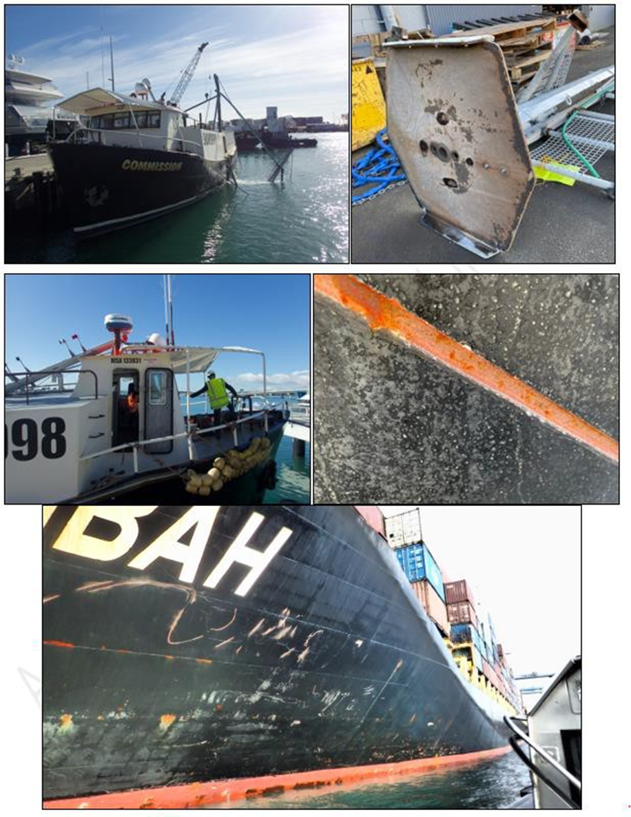 Photographs&nbsp;of&nbsp;damage&nbsp;to&nbsp;the&nbsp;Kota&nbsp;Lembah&nbsp;and&nbsp;F.V.&nbsp;Commission Damage&nbsp;to&nbsp;stabiliser&nbsp;arm&nbsp;and&nbsp;wheelhouse&nbsp;(top&nbsp;left),&nbsp;foot&nbsp;of&nbsp;stabiliser&nbsp;arm&nbsp;(top&nbsp;right),&nbsp;toppled&nbsp;main&nbsp;mast&nbsp;(middle&nbsp;left)&nbsp;and gouging of paint on Kota Lembah’s&nbsp;starboard bow (middle right and bottom)