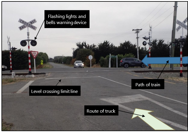 Mulcocks Road level crossing and approach to State Highway 71 (photo taken after accident and subsequent repair of damaged flashing lights and bells)