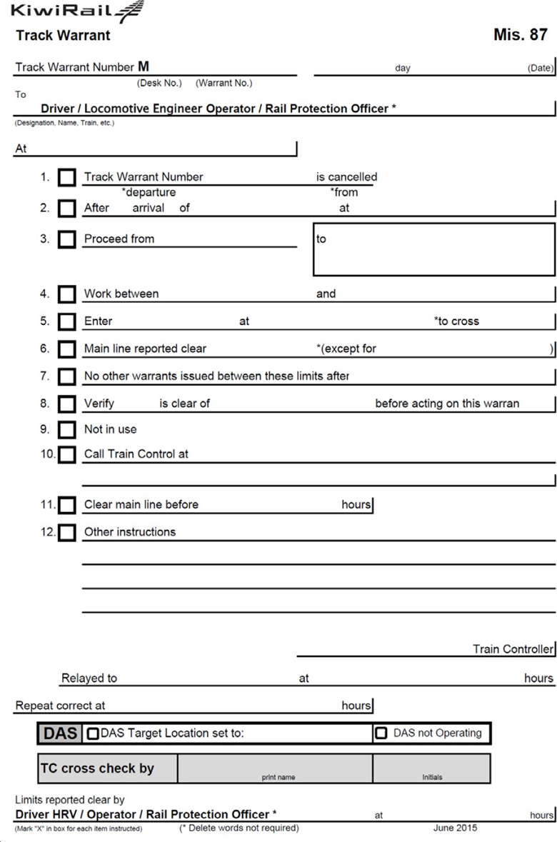 Track warrant form Mis. 87 - train control's copy