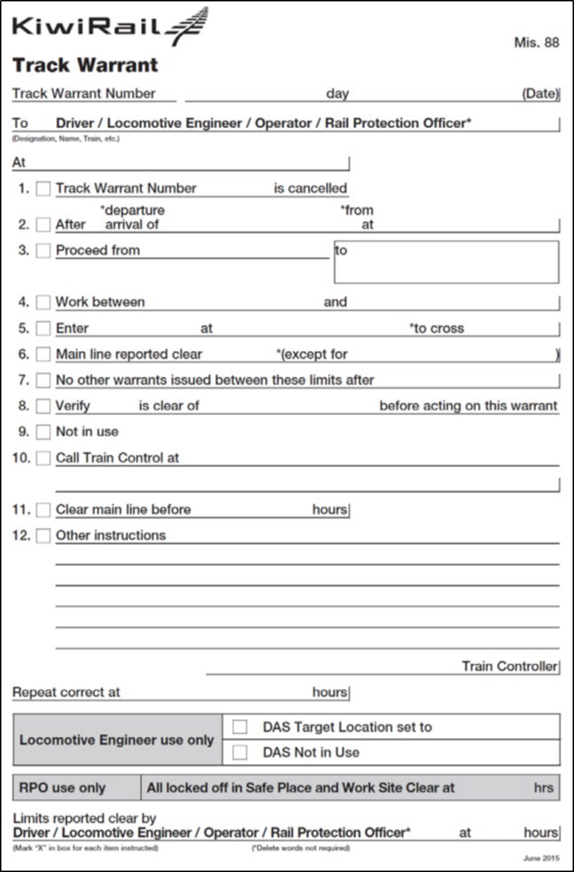 Track warrant form Mis. 88 – addressee's copy