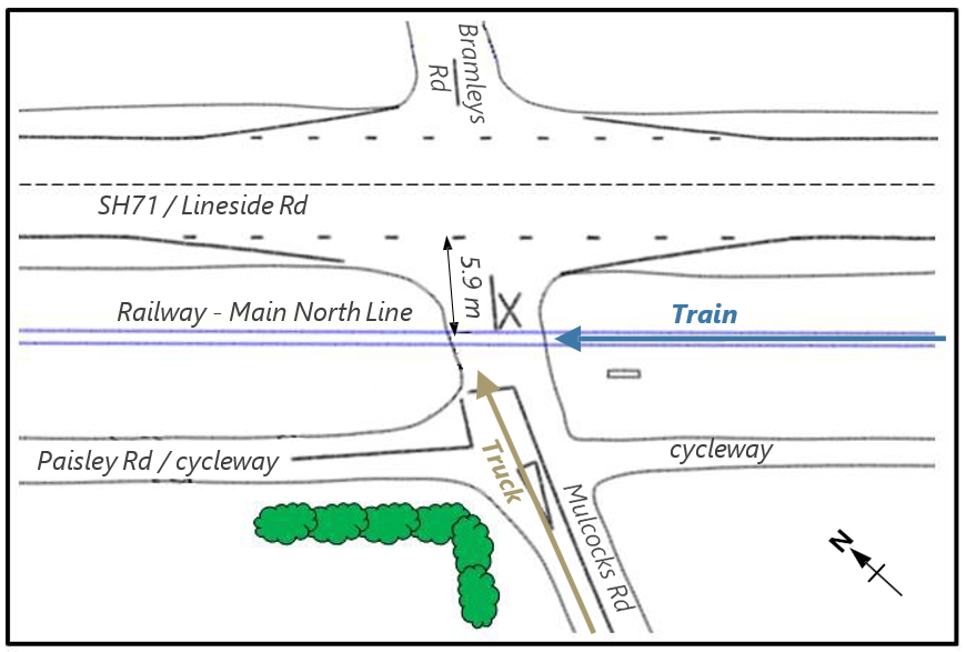 Diagram showing Mulcocks road&nbsp;level&nbsp;crossing&nbsp;and&nbsp;surrounding&nbsp;road&nbsp;junctions