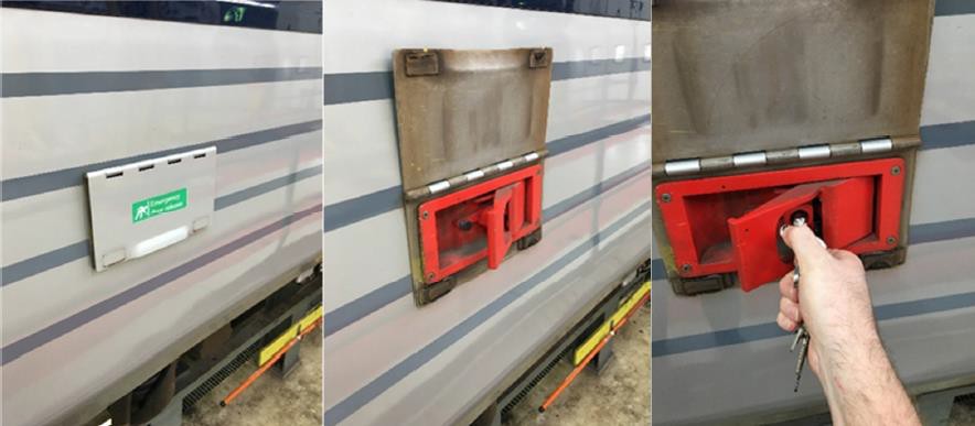 A passenger car similar to those involved in the incident. From left to right: emergency door release covered, cover lifted and lever operated, lever being reset with key.