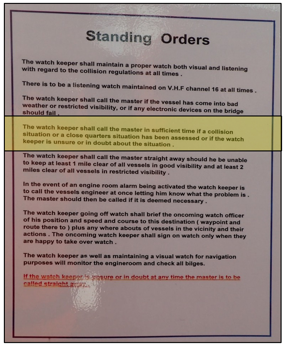 Annotated photograph showing the Leila Jo Standing Orders for skippers