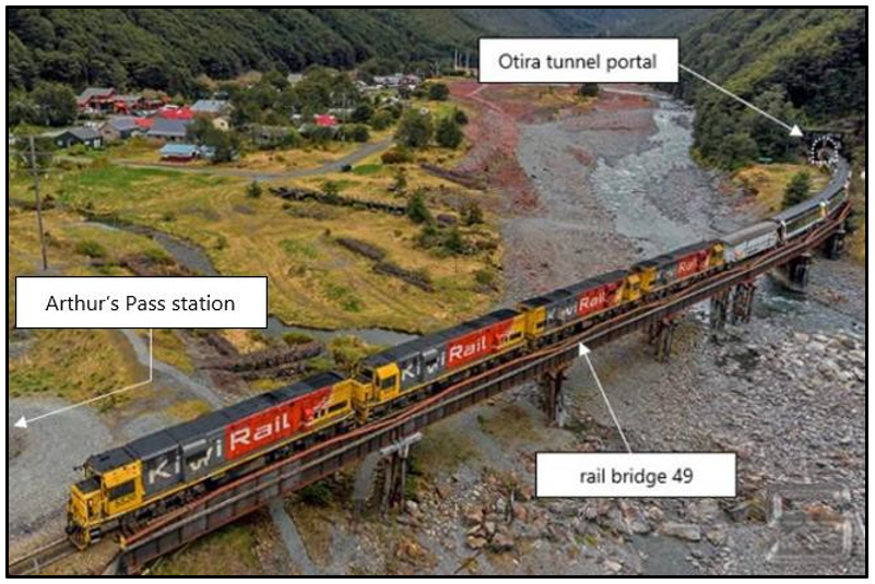 A TranzAlpine exiting the Otira tunnel and crossing bridge 49 at Arthur’s Pass (not the train that was involved in the incident)