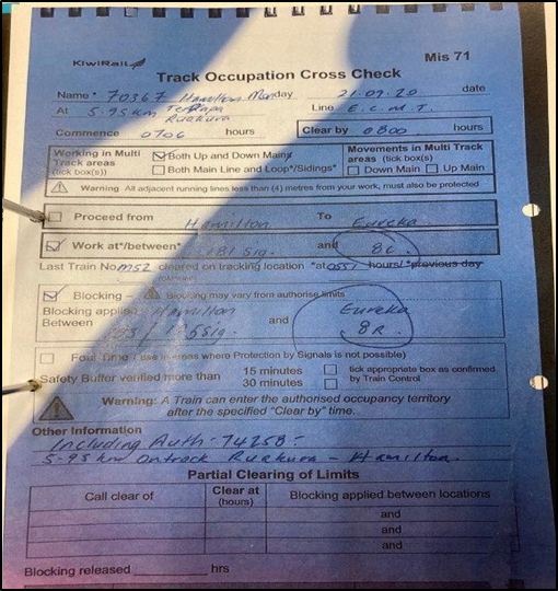 Mis 71 Track Occupation Cross Check form completed by the RPO