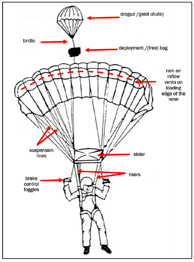 A&nbsp;typical&nbsp;ram-air parachute&nbsp;is&nbsp;shown&nbsp;below with&nbsp;component&nbsp;parts.&nbsp;Component&nbsp;names&nbsp;unique&nbsp;to&nbsp;reserve&nbsp;parachutes&nbsp;are&nbsp;enclosed&nbsp;in&nbsp;brackets.