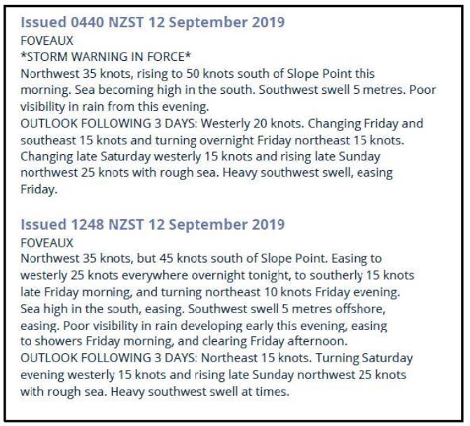 The Foveaux coastal marine forecast for 12 September 2019