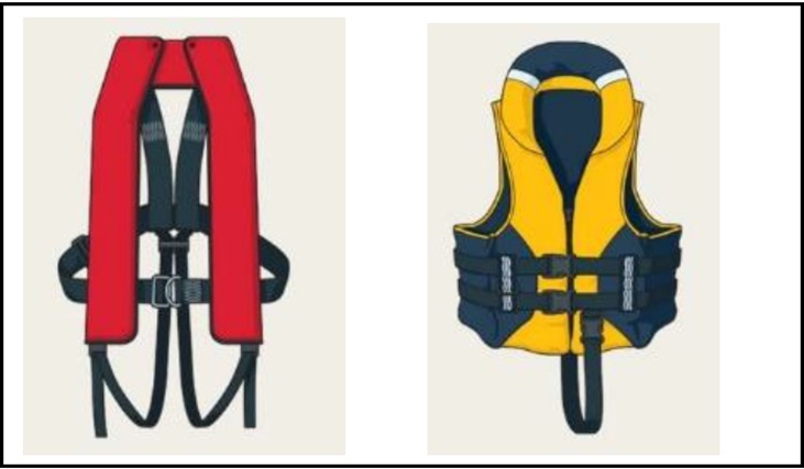 Inflatable lifejacket (left) and foam-filled inshore lifejacket similar to those on board the Henerata at the time of the accident