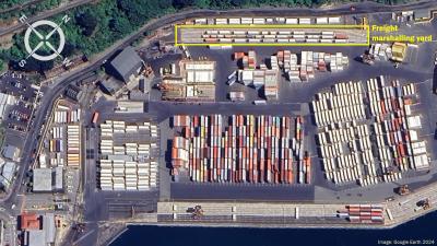 The Port Chalmers freight container yard. File photo (c) Google Earth, TAIC annotation Satellite photo of the Port Chalmers freight container yard, including the rail shunt marshalling yard.
