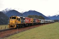 The TranzAlpine service, photographed in 2016. Credit NZ Steam TransAlpine train with mountains in background